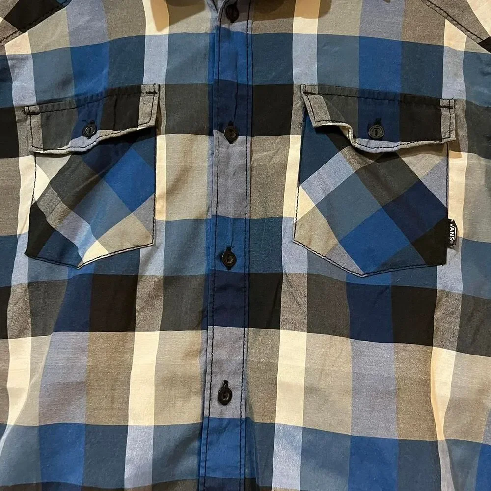 Vans Off The Wall Mens Medium Blue Black Plaid Short Sleeve Button Down Shirt - Picture 2 of 6